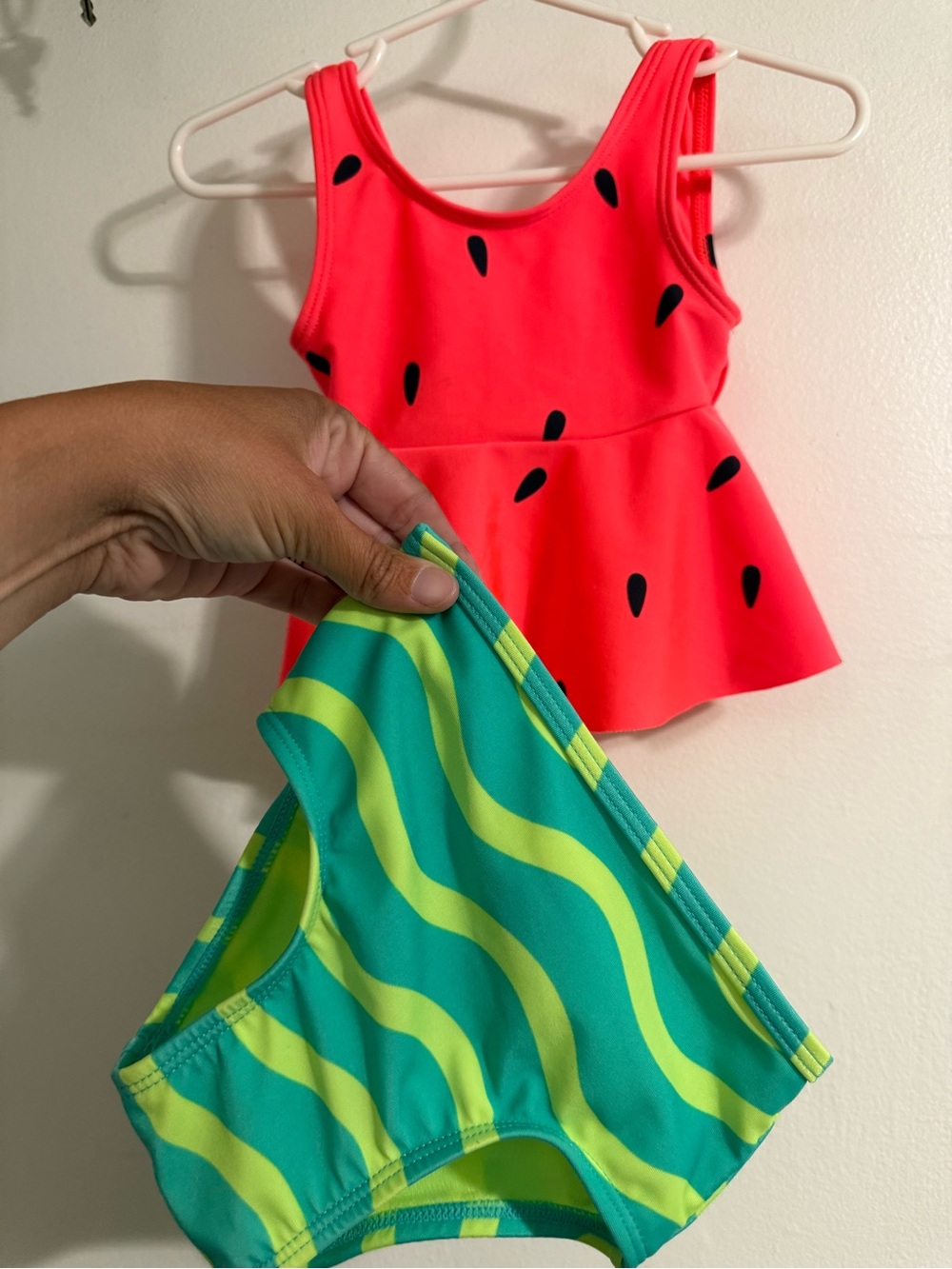 Cat & Jack Girls Watermelon Pink Peplum Bikini Top with Green Wave Bottoms